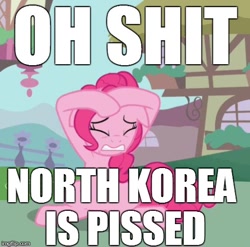 Size: 490x485 | Tagged: safe, pinkie pie, earth pony, pony, image macro, meme, north korea, scared, vulgar