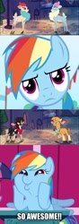 Size: 606x1712 | Tagged: safe, derpibooru import, edit, edited screencap, screencap, arizona cow, rainbow dash, velvet reindeer, cow, deer, pegasus, pony, reindeer, them's fightin' herds, bandana, caption, cloven hooves, community related, dashface, faic, female, image macro, meme, multeity, obligatory pony, so awesome