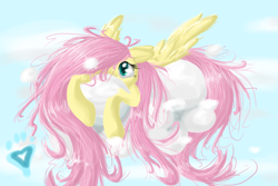 Size: 1500x1000 | Tagged: safe, artist:flameicewolf, fluttershy, pegasus, pony, cloud, cloudy, floppy ears, long mane, messy mane, prone, solo, spread wings