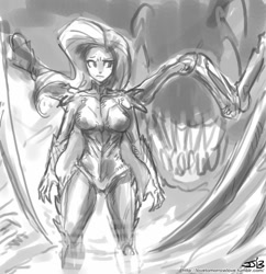 Size: 833x862 | Tagged: safe, artist:johnjoseco, fluttershy, human, crossover, grayscale, humanized, monochrome, sarah kerrigan, solo, starcraft, zerg