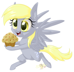 Size: 818x800 | Tagged: safe, artist:unisoleil, derpy hooves, pegasus, pony, bipedal, chibi, female, food, mare, muffin, open mouth, signature, simple background, smiling, solo, transparent background