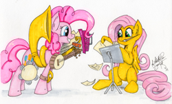 Size: 2963x1786 | Tagged: safe, artist:jorobro, fluttershy, pinkie pie, earth pony, pegasus, pony, female, mare, musical instrument