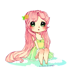 Size: 655x675 | Tagged: safe, artist:a-clash-of-kings, fluttershy, human, breasts, chibi, cleavage, clothes, cute, dress, female, humanized, pixel art, solo, sundress