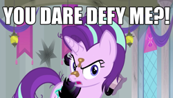 Size: 1845x1038 | Tagged: safe, edit, edited screencap, screencap, starlight glimmer, pony, a horse shoe-in, angry, burnt mane, frollo, hunchback of notre dame, mud, text edit, this will end in gulag