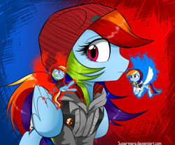 Size: 1181x984 | Tagged: safe, artist:supermare, derpibooru import, rainbow dash, pegasus, pony, beanie, clothes, crossover, delsin rowe, evil karma, good karma, hat, hoodie, infamous, infamous second son, karma