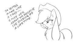 Size: 775x430 | Tagged: safe, artist:carnifex, applejack, earth pony, pony, angry, frown, glare, monochrome, open mouth, solo, this will end in tears