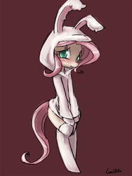 Size: 720x960 | Tagged: dead source, source needed, safe, artist:lumineko, fluttershy, anthro, unguligrade anthro, bunny costume, bunny hood, clothes, solo