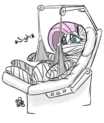 Size: 847x1000 | Tagged: safe, artist:discrete turtle, fluttershy, pegasus, pony, bed, body cast, medical bondage, solo