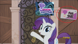 Size: 1366x768 | Tagged: safe, edit, edited screencap, screencap, rarity, pony, unicorn, the gift of the maud pie, discovery family logo, explore equestria, padlock, pointing, reference, sale