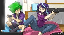 Size: 2405x1299 | Tagged: safe, artist:shonuff44, spike, starlight glimmer, human, barefoot, black socks, clothes, commission, female, human spike, humanized, male, smiling, socks, video game