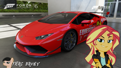 Size: 1439x809 | Tagged: safe, artist:forzaveteranenigma, screencap, sunset shimmer, fanfic:equestria motorsports, equestria girls, car, forza motorsport 6, lamborghini, lamborghini huracan