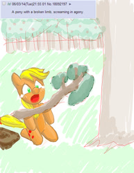 Size: 510x660 | Tagged: safe, artist:redanon, applejack, earth pony, pony, /mlp/, 4chan, drawthread, pun, requested art, screaming, solo, visual pun