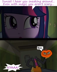 Size: 1908x2416 | Tagged: safe, editor:leonidus, sci-twi, sunset shimmer, twilight sparkle, human, equestria girls, equestria girls (movie), canterlot high, dialogue, evil grin, funny, grin, halloween, hallway, headless, holiday, jack-o-lantern, lockers, magic, modular, prank, pumpkin, scared, screaming, smiling, text