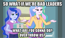 Size: 1215x714 | Tagged: safe, screencap, princess celestia, princess luna, principal celestia, vice principal luna, equestria girls, image macro, meme