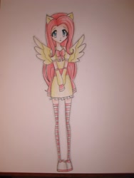 Size: 3000x4000 | Tagged: safe, artist:mimizu-chan, fluttershy, human, clothes, eared humanization, humanized, socks, solo, striped socks, winged humanization