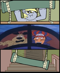 Size: 754x922 | Tagged: safe, artist:jadedapegasus, artist:virus-20, edit, derpy hooves, pegasus, pony, car, comic, crossing the memes, crossover, derpy alone, dick dastardly, exploitable, exploitable meme, female, hanna barbera, home alone 2: lost in new york, mare, meme, muttley, obligatory pony, the mean machine, this will end in pain, wacky races