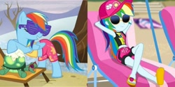 Size: 2494x1247 | Tagged: safe, derpibooru import, screencap, rainbow dash, tank, better together, equestria girls, lost and found, tanks for the memories, clothes, comparison, crossed legs, feet, flip-flops, geode of super speed, magical geodes, relaxing, sandals, sexy, sunglasses, swimming trunks, swimsuit, winter swimsuit