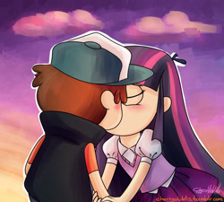 Size: 1061x953 | Tagged: safe, artist:cherryviolets, derpibooru import, twilight sparkle, human, blushing, crossover, crossover shipping, diplight, dipper pines, gravity falls, humanized, kissing, light skin, shipping, style emulation