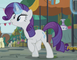 Size: 952x742 | Tagged: safe, screencap, pegasus olsen, rarity, pony, unicorn, the gift of the maud pie, animated, behaving like pinkie pie, cute, discovery family logo, excited, female, glowing horn, happy, loop, mare, open mouth, peggy holstein, prancing, raribetes, trotting, trotting in place