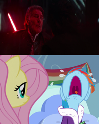 Size: 1023x1287 | Tagged: safe, derpibooru import, edit, edited screencap, screencap, fluttershy, rainbow dash, pegasus, pony, tanks for the memories, crying, death, han solo, kylo ren, lightsaber, star wars, star wars: the force awakens, volumetric mouth, weapon