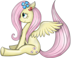 Size: 1275x1028 | Tagged: safe, artist:latomerta, fluttershy, pegasus, pony, bow, flower, flower in hair, simple background, sitting, solo, spread wings, transparent background