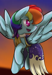 Size: 2100x3000 | Tagged: safe, artist:ytsejam58, derpibooru import, rainbow dash, pegasus, pony, clothes, dress, gala dress, open mouth, raised hoof, smiling, solo, spread wings