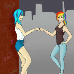 Size: 1024x1024 | Tagged: safe, artist:harukainlove, derpibooru import, dj pon-3, rainbow dash, vinyl scratch, human, converse, fist bump, humanized, shoes