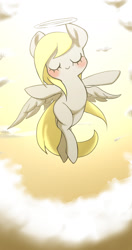 Size: 978x1849 | Tagged: safe, artist:ccc, derpy hooves, pegasus, pony, cloud, eyes closed, female, halo, mare, sky, solo