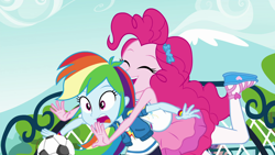 Size: 1920x1080 | Tagged: safe, derpibooru import, screencap, pinkie pie, rainbow dash, better together, equestria girls, forgotten friendship, clothes, cute, eyes closed, female, football, glomp, hairclip, happy, hug, open mouth, out of context, photo, sandals, shirt, smiling, sports, surprised, wristband