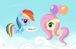 Size: 600x391 | Tagged: safe, artist:exceru-karina, derpibooru import, fluttershy, rainbow dash, pegasus, pony, backwards cutie mark, balloon, chibi, cloud, cloudy, cute, cutie mark, flying, sky