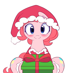 Size: 2000x2000 | Tagged: safe, artist:joyfulinsanity, pinkie pie, earth pony, pony, blushing, cute, diapinkes, hat, heart eyes, looking at you, present, santa hat, sitting, smiling, solo, wingding eyes