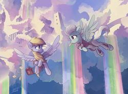 Size: 1600x1173 | Tagged: safe, artist:freeedon, derpy hooves, fleetfoot, pegasus, pony, clothes, cloudsdale, duo, female, jumpsuit, letter, mailbag, mare, rainbow waterfall, scenery