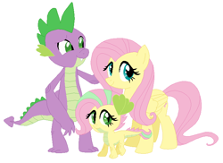 Size: 728x530 | Tagged: safe, artist:unoriginai, fluttershy, spike, oc, dracony, dragon, hybrid, pegasus, pony, cute, family, fangs, female, filly, flutterspike, interspecies offspring, male, offspring, older, older spike, parent:fluttershy, parent:spike, parents:flutterspike, raised eyebrow, shipping, simple background, smiling, straight, white background