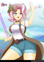 Size: 717x1000 | Tagged: safe, alternate version, artist:clouddg, vignette valencia, better together, equestria girls, rollercoaster of friendship, breasts, busty vignette valencia, cellphone, clothes, female, human coloration, legs, open mouth, phone, selfie, shorts, signature, smartphone, solo, thighs, wide hips