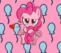 Size: 600x520 | Tagged: safe, artist:mingy.h, pinkie pie, earth pony, pony, :3, balloon, cute, diapinkes, frog (hoof), heart, lidded eyes, looking at you, nom, pixiv, sitting, smiling, smirk, solo, tail, tail bite, underhoof