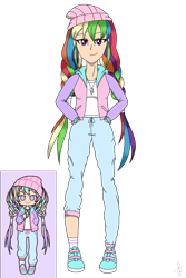 Size: 1860x2790 | Tagged: safe, artist:ilaria122, derpibooru import, rainbow dash, human, beanie, braid, braided pigtails, clothes, female, hat, humanized, jersey, jewelry, necklace, pants, pastel, pastel girl, pastel girl challenge, shirt, shoes, simple background, sneakers, socks, solo, transparent background