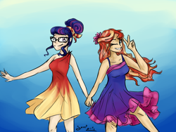 Size: 2000x1500 | Tagged: safe, artist:elisdoominika, sci-twi, sunset shimmer, twilight sparkle, equestria girls, alternate costumes, alternate hairstyle, costume swap, female, holding hands, human coloration, lesbian, one eye closed, scitwishimmer, shipping, smiling, sunsetsparkle, victory sign, wink