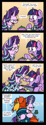 Size: 1300x3507 | Tagged: safe, artist:bobthedalek, dj pon-3, starlight glimmer, sunburst, twilight sparkle, twilight sparkle (alicorn), vinyl scratch, alicorn, pony, unicorn, a trivial pursuit, angry, bags under eyes, bed mane, boop, clothes, comforting, comic, crying, empathy cocoa, female, kite, magic, male, mare, mug, noseboop, pajamas, ragelight glimmer, starlight is not amused, teapot, that pony sure does love kites, tired, unamused