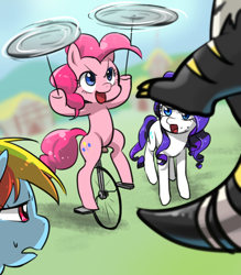 Size: 700x800 | Tagged: safe, artist:quizia, derpibooru import, pinkie pie, rainbow dash, rarity, bugbear, earth pony, pegasus, pony, unicorn, slice of life (episode), female, mare, open mouth, pinkie being pinkie, plate spinning, unicycle