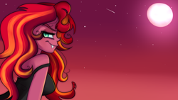 Size: 1280x720 | Tagged: safe, artist:wubcakeva, sunset satan, sunset shimmer, equestria girls, clothes, fangs, female, looking back, moon, slit eyes, smiling, solo