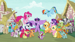 Size: 1920x1080 | Tagged: safe, screencap, apple bloom, applejack, big macintosh, carrot cake, cup cake, fluttershy, granny smith, mayor mare, pinkie pie, rainbow dash, rarity, scootaloo, snails, snips, spike, starlight glimmer, sweetie belle, twilight sparkle, twilight sparkle (alicorn), zecora, alicorn, dragon, earth pony, pegasus, pony, unicorn, zebra, book, colt, cutie mark, cutie mark crusaders, female, filly, intro, male, mane seven, mane six, mare, opening, ponyville, quill, stallion, the cmc's cutie marks, theme song