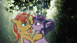 Size: 1920x1080 | Tagged: safe, artist:elisdoominika, sci-twi, sunset shimmer, twilight sparkle, pony, unicorn, equestria girls ponified, female, imminent kissing, lesbian, looking at each other, mare, ponified, rain, scitwishimmer, shipping, sunsetsparkle, unicorn sci-twi