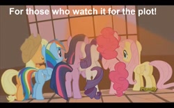 Size: 1440x900 | Tagged: safe, derpibooru import, edit, edited screencap, screencap, applejack, fluttershy, pinkie pie, rainbow dash, rarity, twilight sparkle, twilight sparkle (alicorn), alicorn, earth pony, pegasus, pony, unicorn, slice of life (episode), caption, episode 100, fanservice, female, flank, image macro, mane six, mare, meme, plot