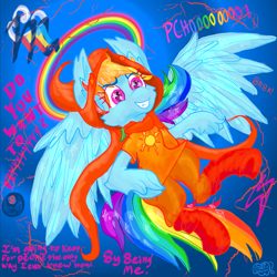 Size: 1203x1203 | Tagged: safe, artist:pumpkin-somethin-art, derpibooru import, rainbow dash, pegasus, pony, cheek fluff, clothes, flying, homestuck, pony cosplaying homestuck, solo, unshorn fetlocks, vriska costume, vriska serket, wingding eyes