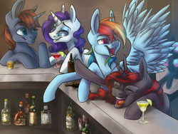 Size: 1892x1421 | Tagged: safe, artist:ebonytails, derpibooru import, rainbow dash, rarity, oc, oc:curse word, oc:gutiu serenade, oc:scribbler, pegasus, pony, unicorn, drunk, drunk rarity, drunker dash