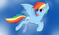 Size: 1280x768 | Tagged: safe, artist:krafty kitsune, derpibooru import, rainbow dash, pegasus, pony, :p, cloud, cute, dashabetes, female, flying, silly, simple background, solo, tongue out, wings