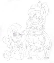 Size: 1425x1641 | Tagged: safe, artist:blackbewhite2k7, apple bloom, fluttershy, pegasus, pony, age regression, baby, baby pony, babyshy, babysitting, batfilly, batgirl, evil, flutterbitch, monochrome, poison ivy, sketch, tied up, vine, younger