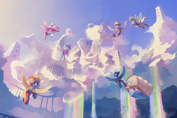 Size: 6000x4000 | Tagged: safe, artist:freeedon, cloudchaser, derpy hooves, fleetfoot, flitter, night glider, spitfire, pegasus, pony, absurd resolution, beautiful, city, clothes, cloud, cloudscape, cloudsdale, featured image, female, flying, mare, rainbow, rainbow waterfall, scenery, sky, uniform, wonderbolts uniform