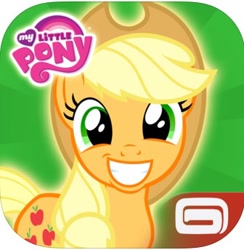 Size: 336x344 | Tagged: safe, applejack, earth pony, pony, app, app icon, cute, gameloft, happy, jackabetes, my little pony logo, smiling, solo