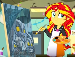 Size: 992x749 | Tagged: safe, artist:terry, edit, edited screencap, editor:gay-horse, screencap, sunset shimmer, owl, eqg summertime shorts, equestria girls, the art of friendship, baby, exploitable meme, female, meme, mother, painting, rain, solo, sunset's painting